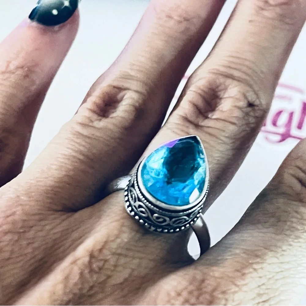 New 925 Sterling Silver London Blue Aquamarine Artisten OOAK Water Drop Ring - Picture 11 of 16